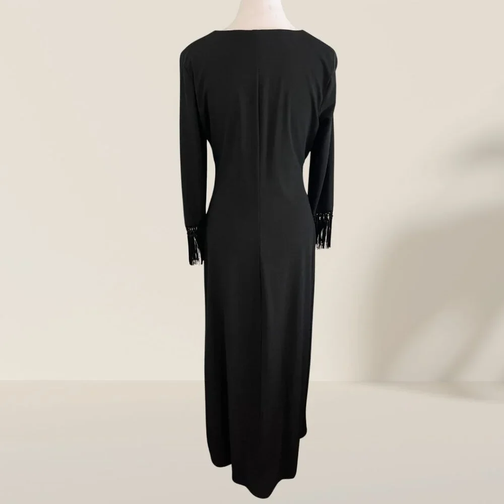 Vintage CDC Elegant Black Evening Gown with Sheer Mesh Panel & Fringe Sleeve